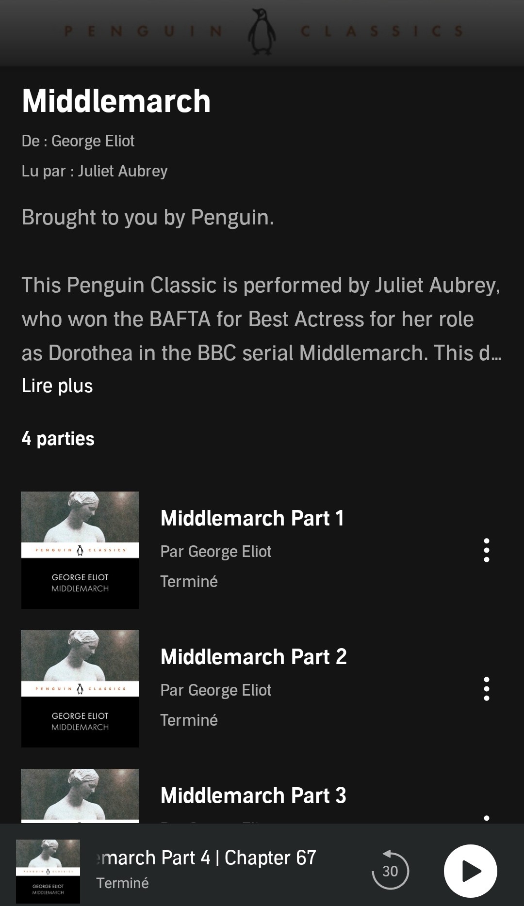 Juliet Aubrey reads Middlemarch. Penguin Audio. 36 hrs 52 mins George Eliot (Mary Ann Evans, 1819-1880) / audiobook / livre audio